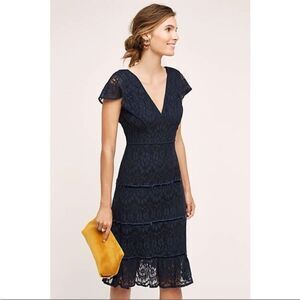NWT Foxiedox Anthropologie Clarinda Lace Midi Dress Navy Blue Women's XL Tiered